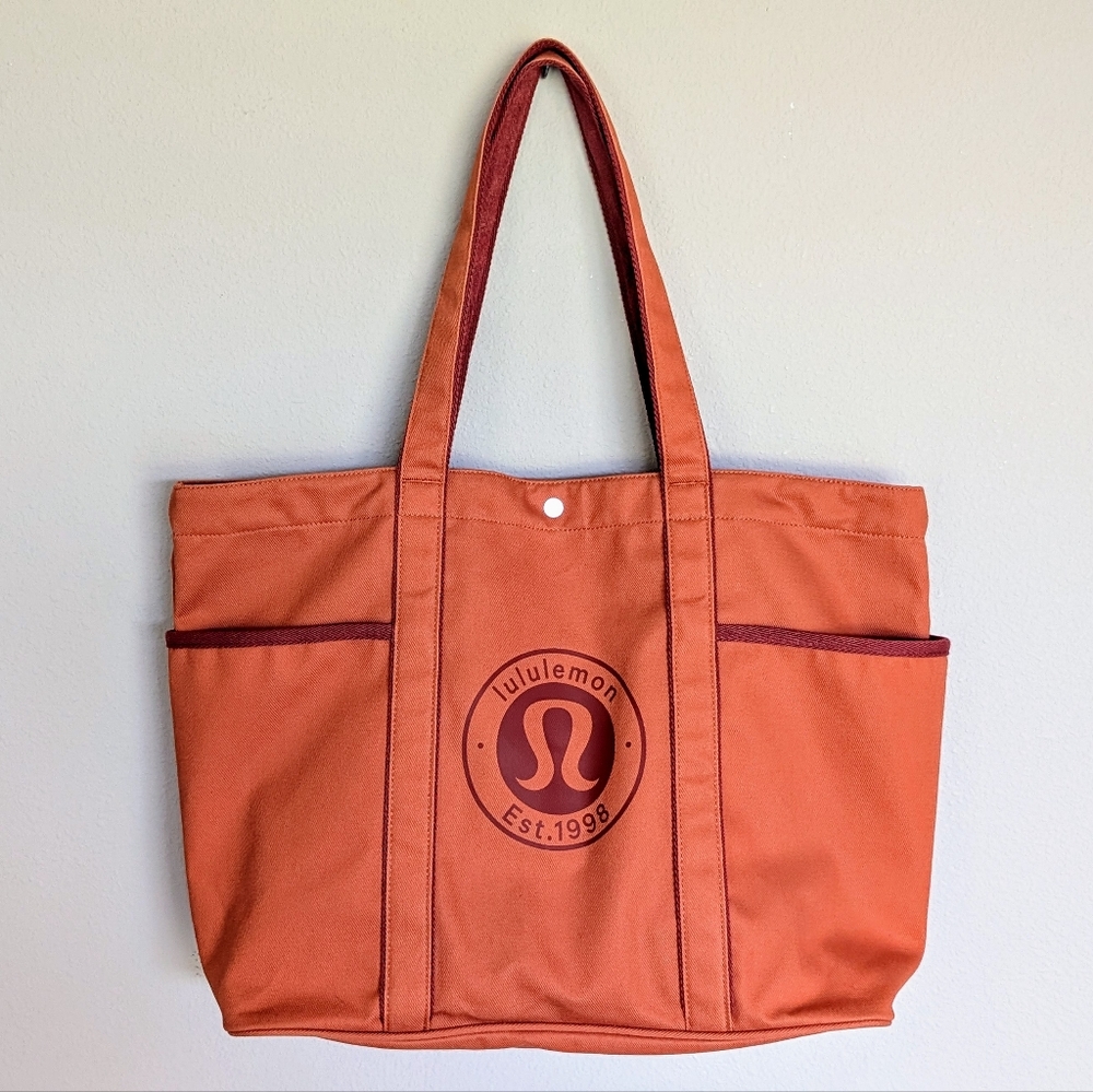 LULULEMON Athletica Orange Cotton Canvas Gym Work Multi Pocket Tote Bag 20L NWOT